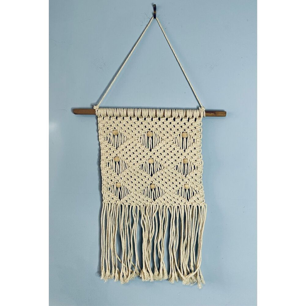 Macrame Wall Hanging Hand Tied with Wooden Beads Boho Unique Decor